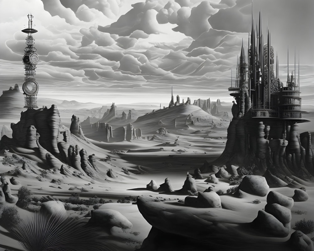 Monochromatic futuristic cityscape with towers and Big Ben-like structure under dramatic sky