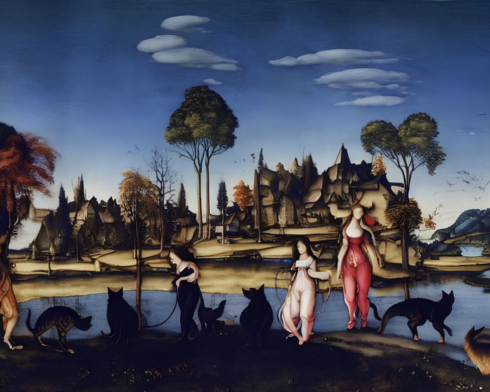 Surreal landscape with human figures and animal heads in serene setting