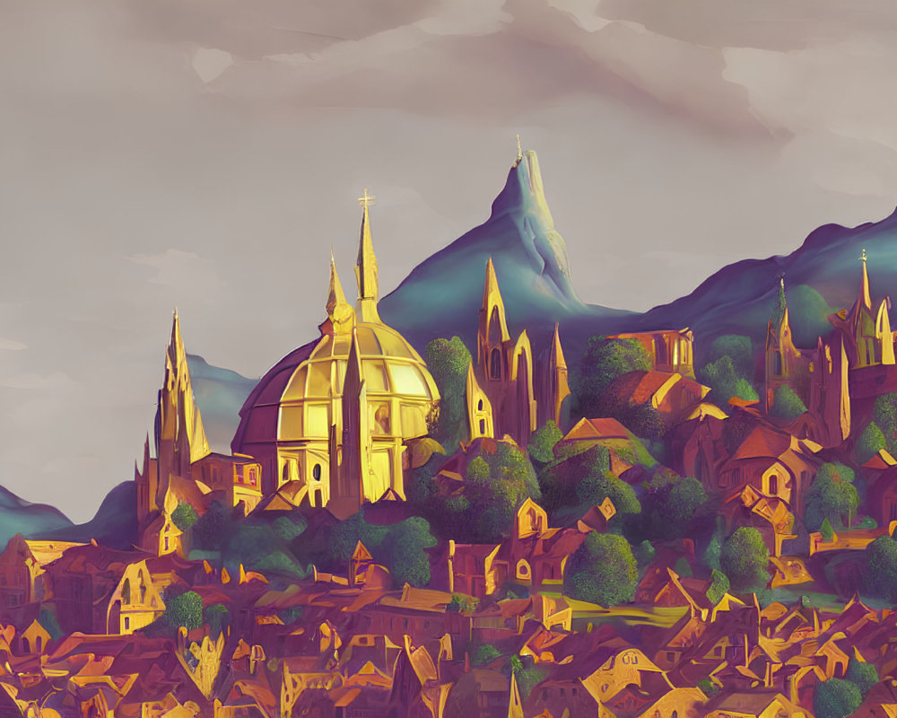 Historical town artwork with cathedrals and mountains