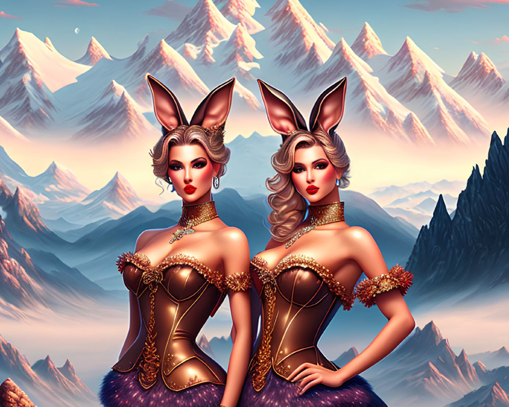 Two Women in Bunny Ears and Corsets with Pink Mountains Background
