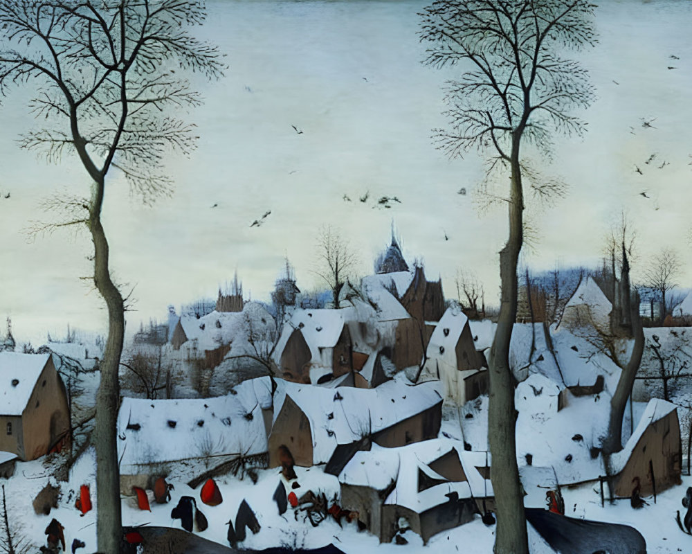 Snow-covered village and leafless trees in panoramic winter landscape.