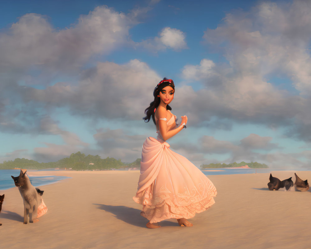 Polynesian girl with long hair on beach with cats under cloudy sky
