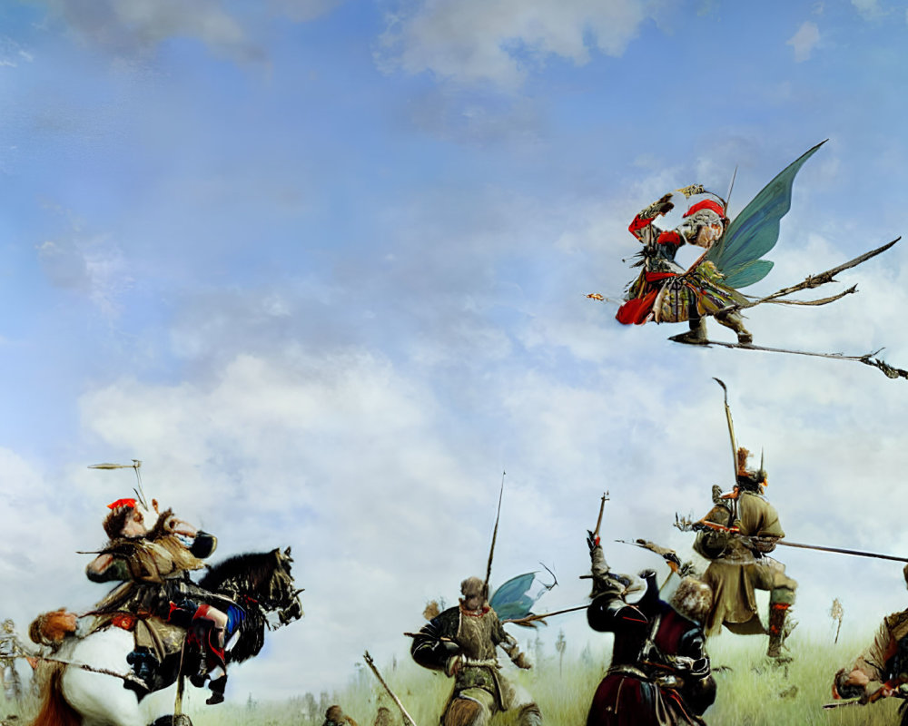Fantastical battle scene with warriors and flying character under blue sky