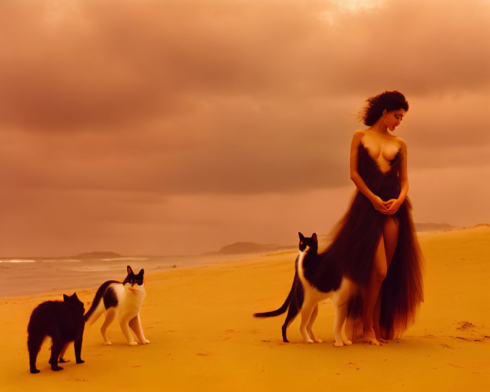 Woman in flowing gown with three elegant cats on serene beach at dusk