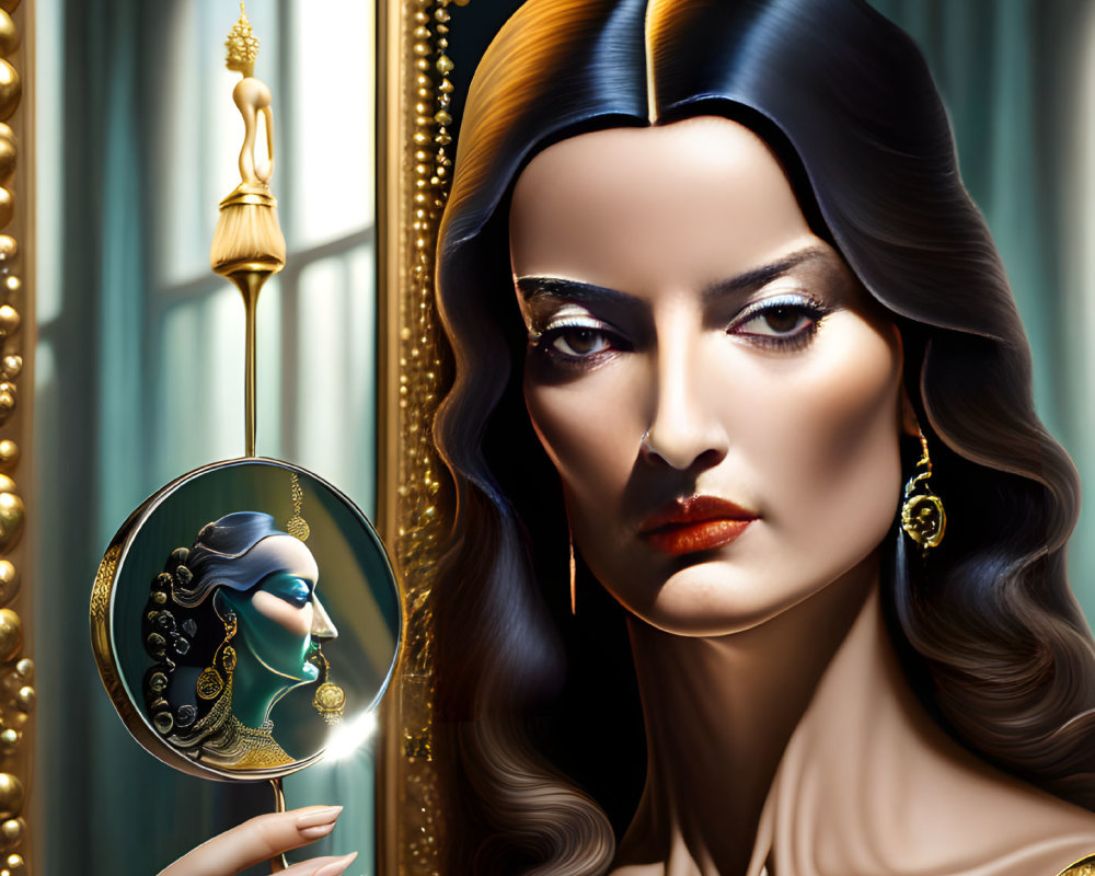 Sleek-haired woman holding ornate mirror with luxurious backdrop
