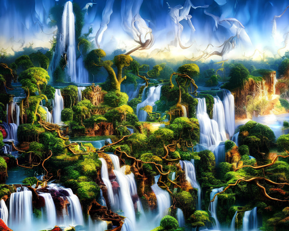 Fantastical landscape with waterfalls, lush vegetation, twisted trees, and blue glow