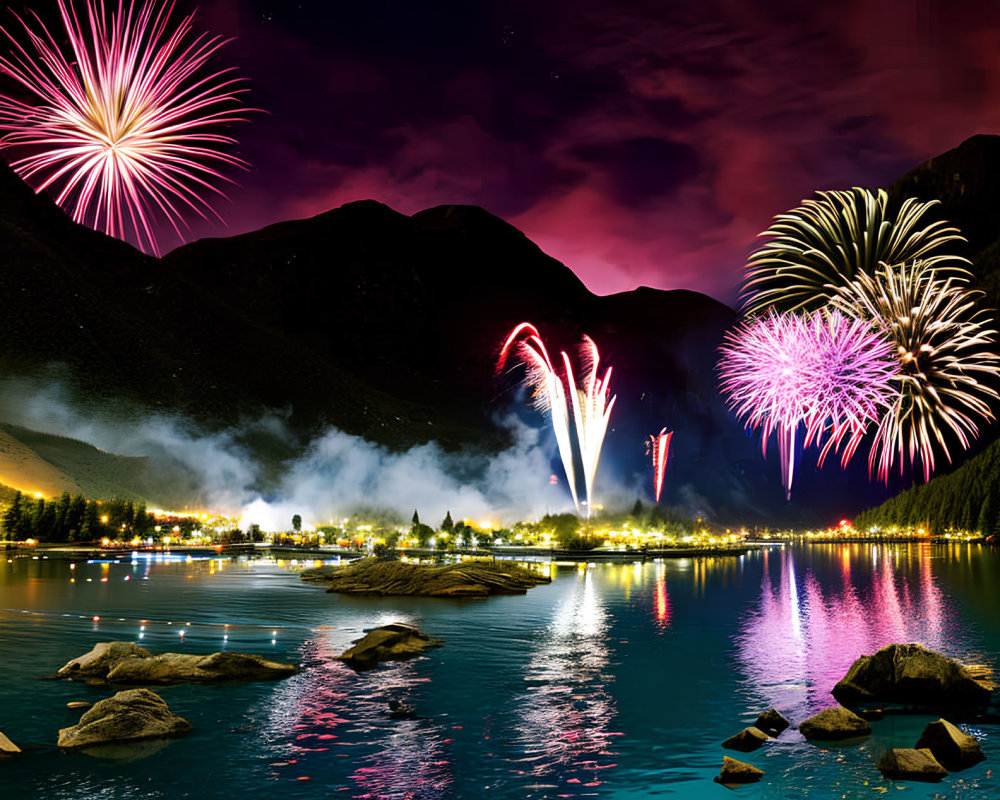 Colorful fireworks over lakeside village with mountain reflections & purple aurora