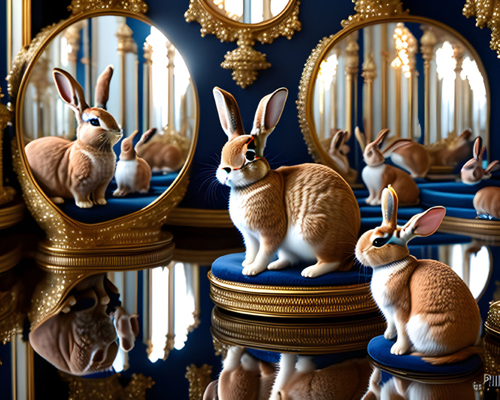 Brown and White Rabbit with Gold Monocle in Luxurious Room