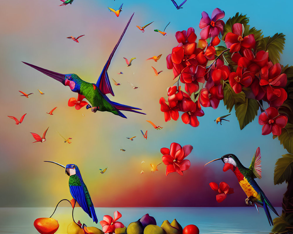 Colorful hummingbirds and butterflies among red flowers and serene water surface.