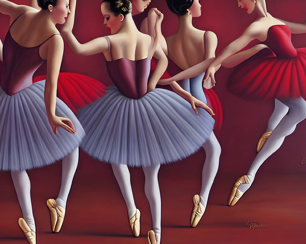 Four Ballerinas in Red and White Costumes Performing with Poise