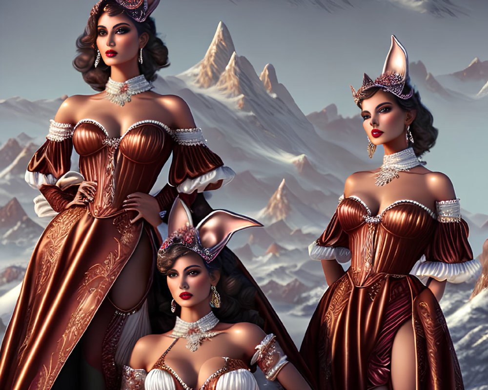 Three women in fantasy dresses with rabbit ear headpieces against snowy mountains