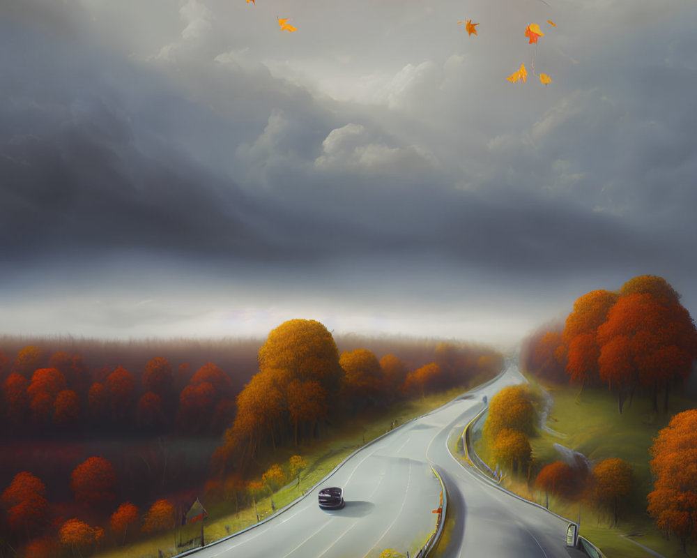 Scenic autumn landscape with car on winding road