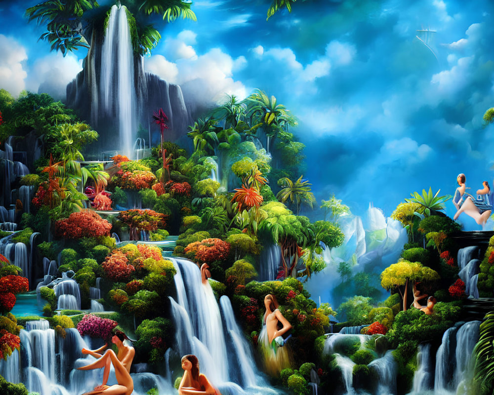 Fantastical landscape with waterfalls, greenery, plants, and ethereal figures.