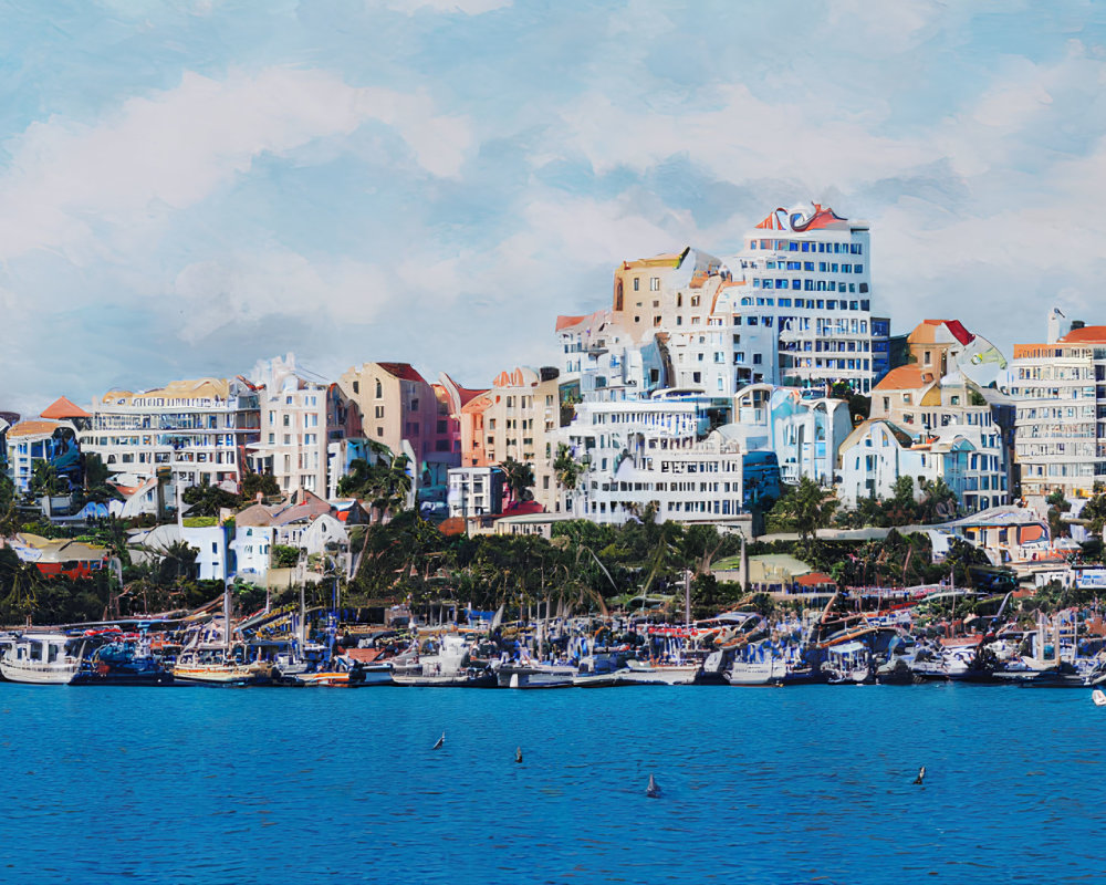 Vibrant Coastal Buildings and Marina Scene under Blue Sky