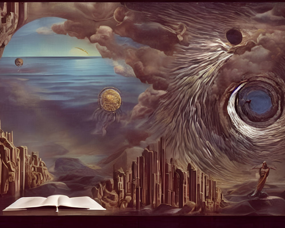 Surreal landscape with open book, human figure, swirling clouds, celestial bodies, and city-like