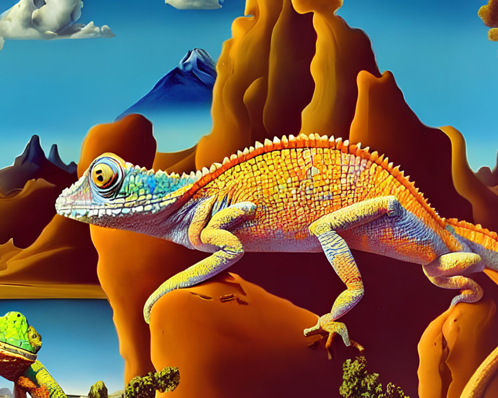 Colorful chameleon on branch in surreal desert landscape