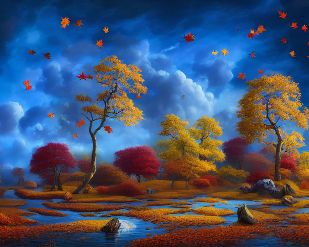 Colorful autumn landscape with trees, fallen leaves, winding stream, and dramatic sky
