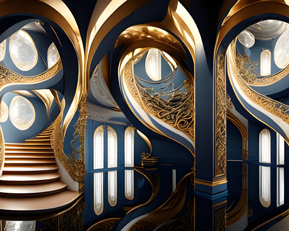 Opulent golden spiral staircase in a blue interior with moonlit backdrop