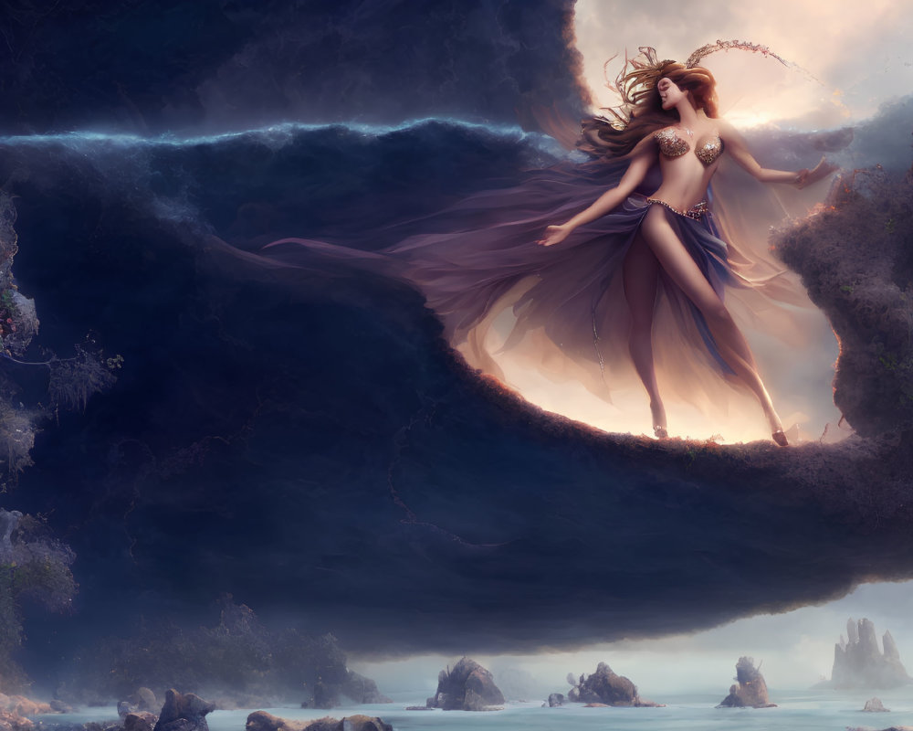 Mystical female figure in flowing dress with luminous staff in dreamy seascape