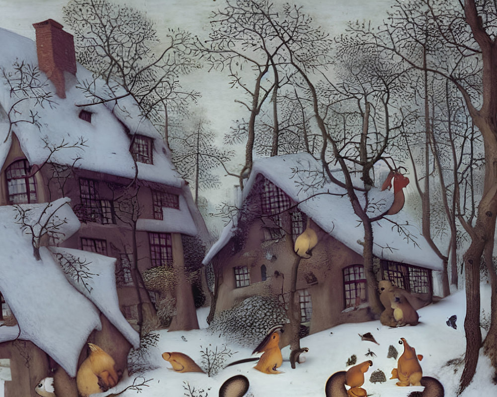 Whimsical Winter Scene with Anthropomorphic Creatures and Snow-Covered Houses