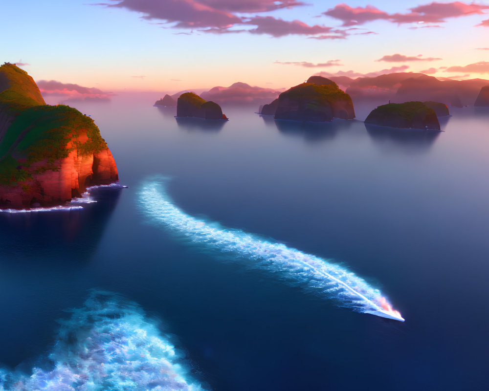 Ocean sunset with speeding boat and cliffs under warm sky