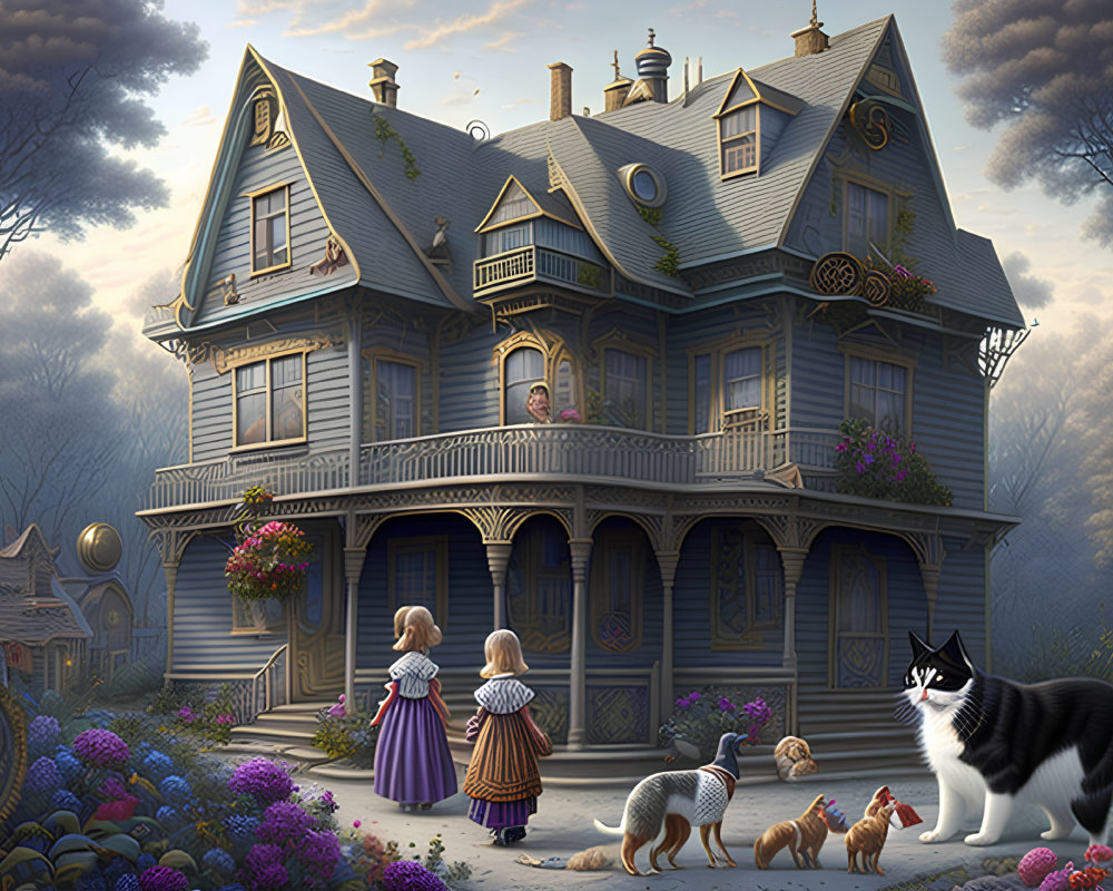 Victorian house with woman on balcony, girls and pets in garden at dusk