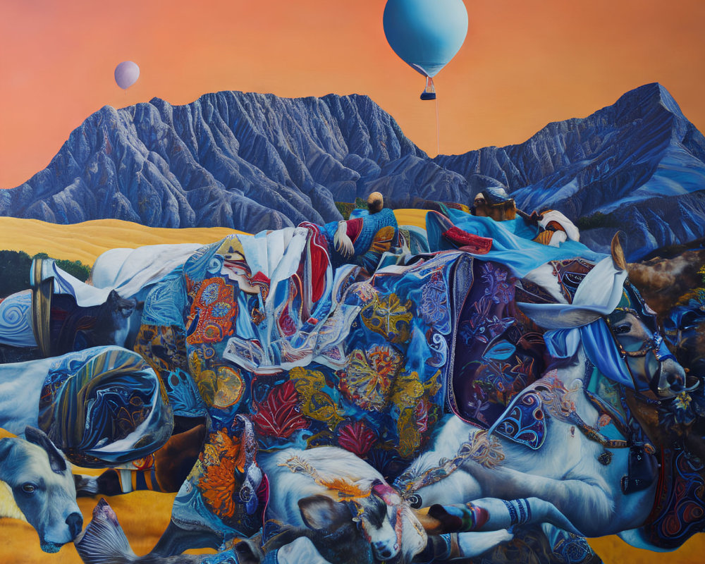 Colorful painting of cows with blankets in mountain landscape and balloon in sky