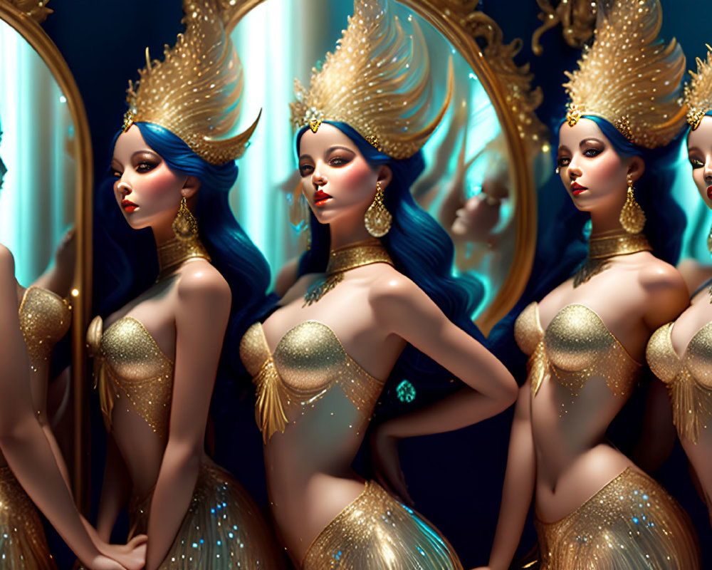 Identical glamorous women with blue hair and golden attire mirrored in luxurious symmetry
