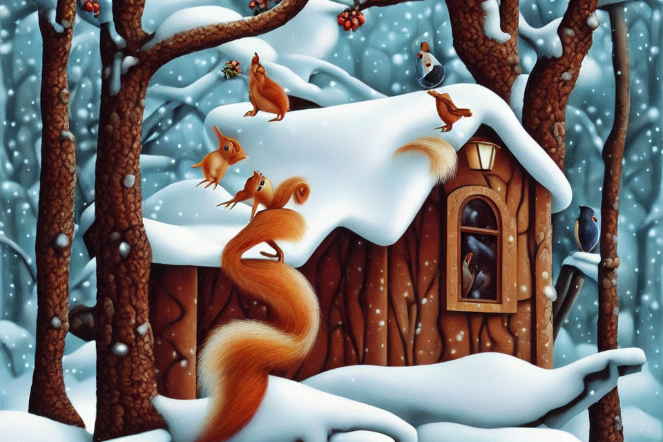 Winter scene with squirrels, birds, and snow-covered house among trees