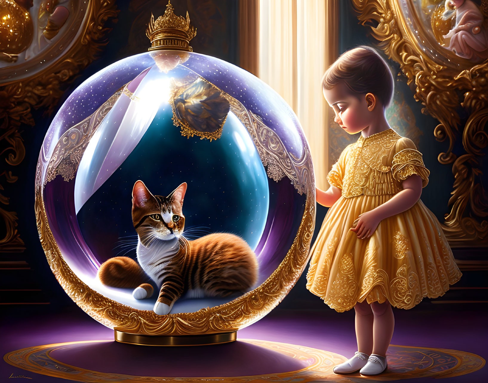 Young girl in yellow dress with crystal ball cat in luxurious room