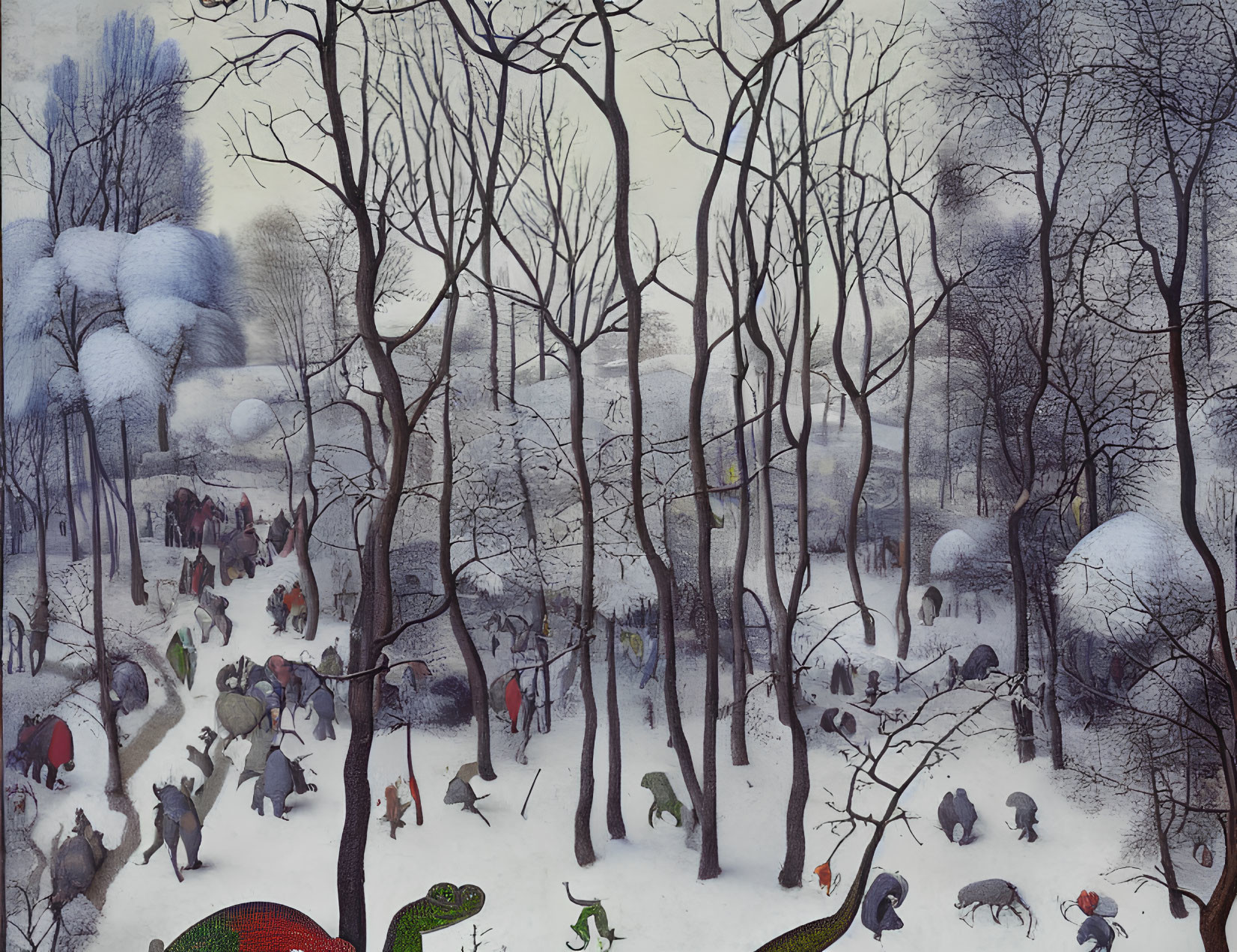 Winter Wonderland with Figures and Animals in Snowy Forest