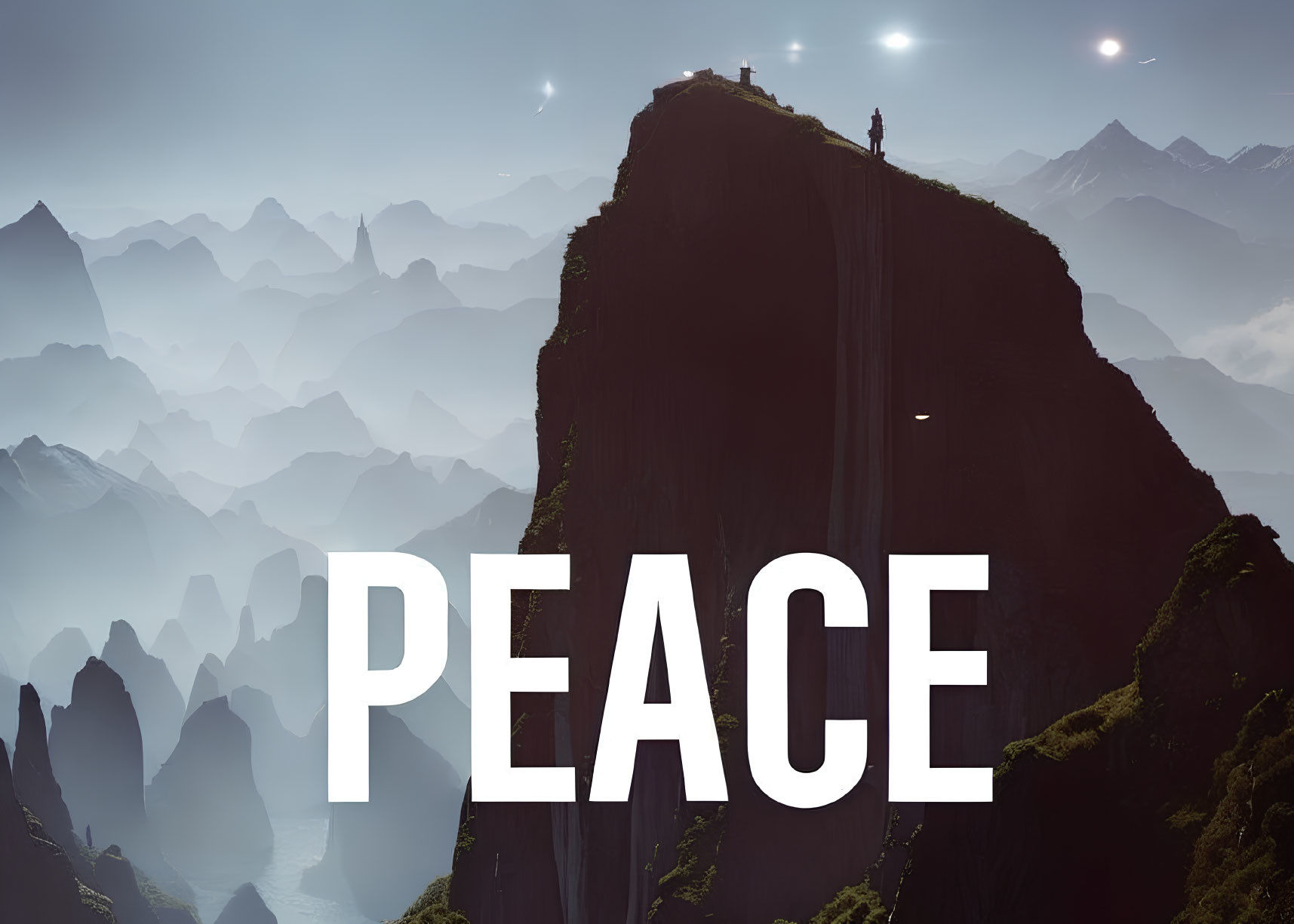 Person on Cliff Overlooking Mountain Peaks with "PEACE" Overlay
