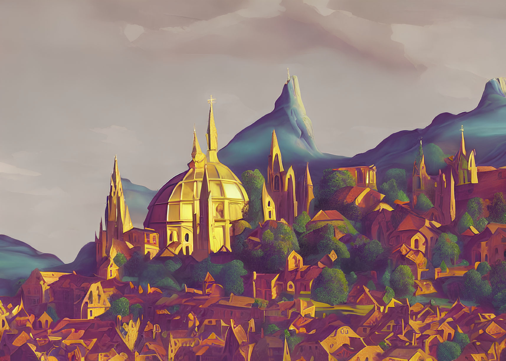Historical town artwork with cathedrals and mountains