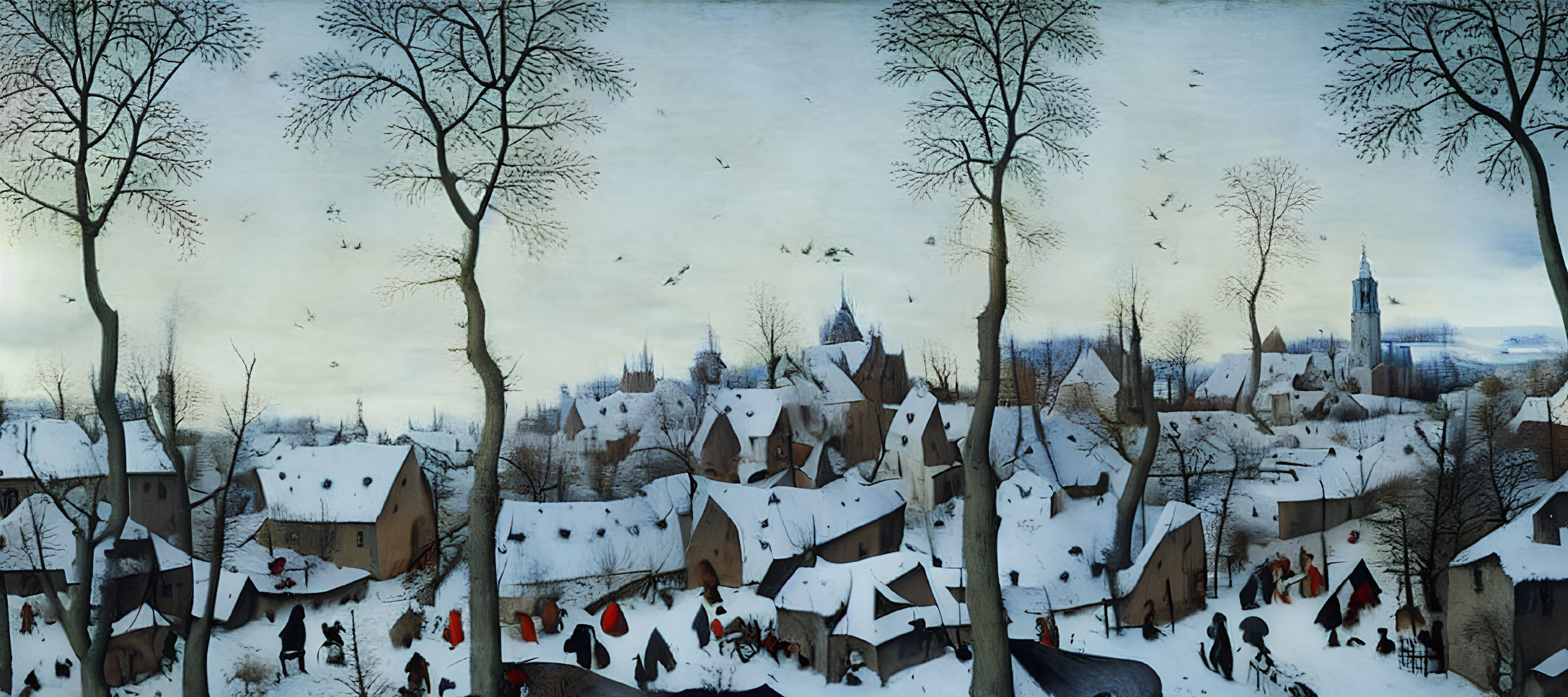 Snow-covered village and leafless trees in panoramic winter landscape.