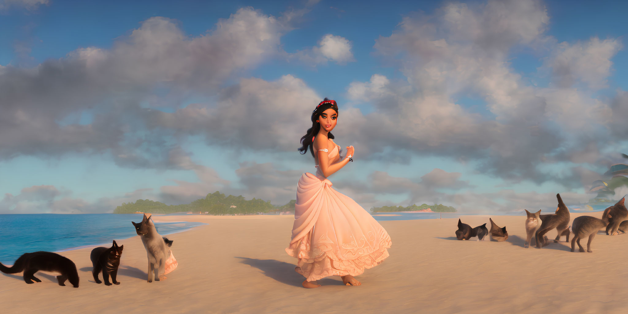 Polynesian girl with long hair on beach with cats under cloudy sky