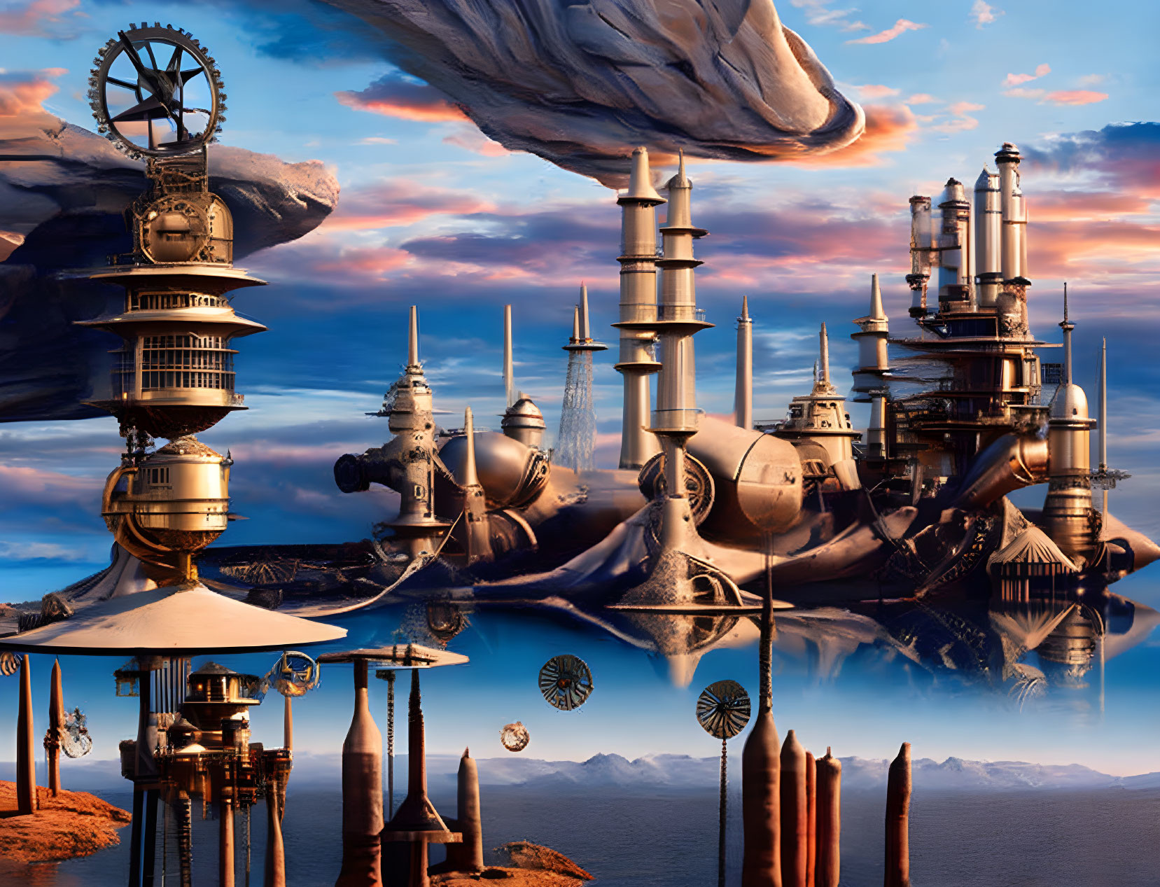 Steampunk cityscape with ornate towers and floating islands at sunset