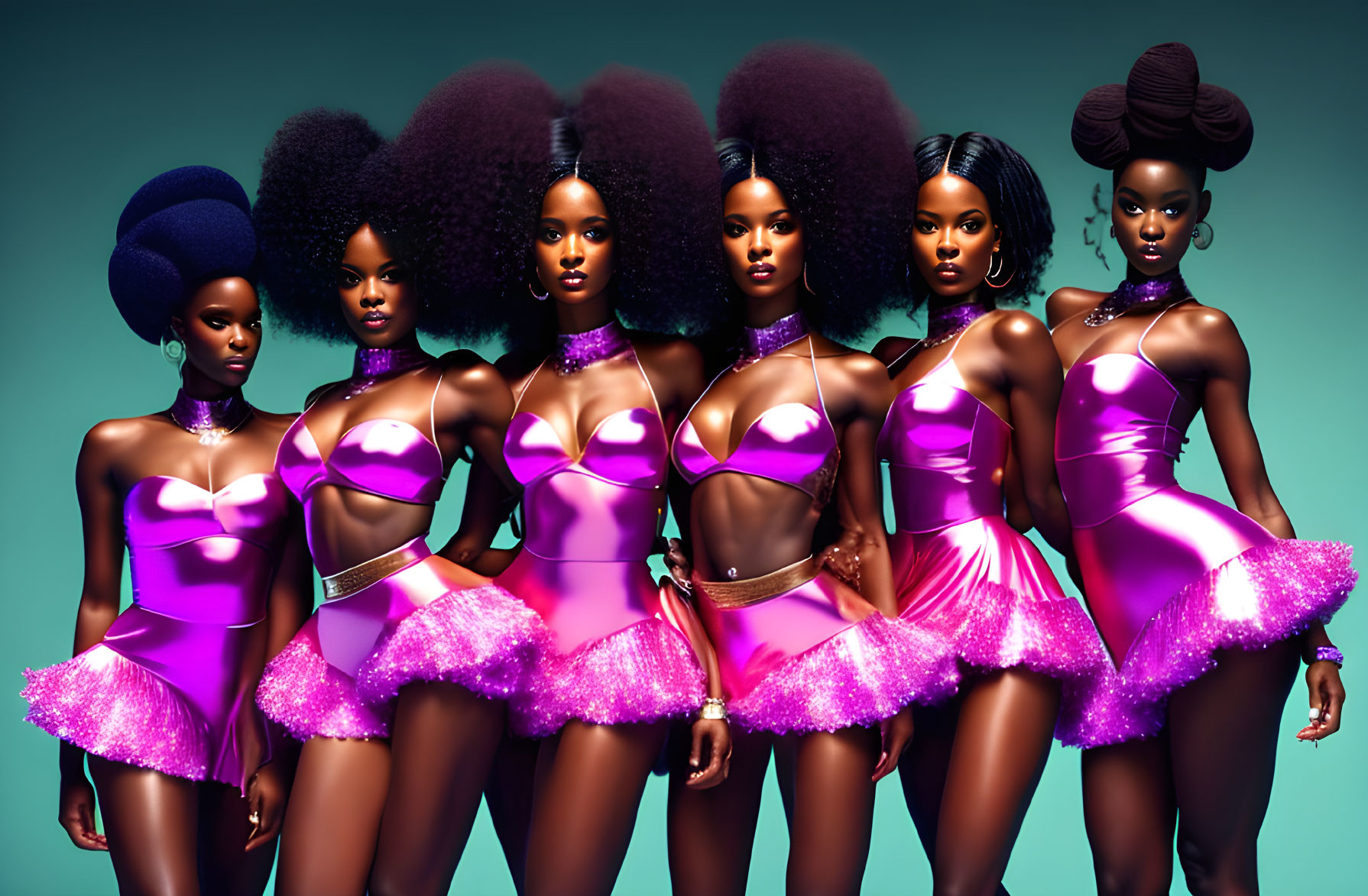 Seven Women with Voluminous Afro Hairstyles in Shiny Purple Outfits on Teal Background