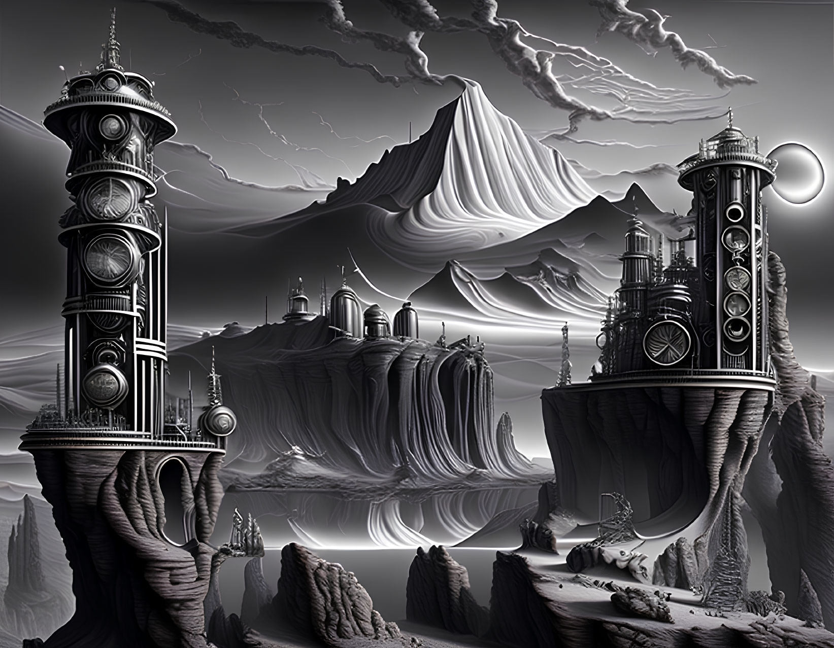 Monochromatic fantasy landscape with ornate towers on rock pillars