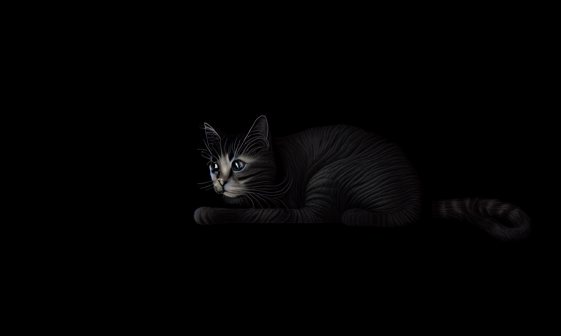 Striking Black Cat with White Whiskers and Blue Eyes on Black Background