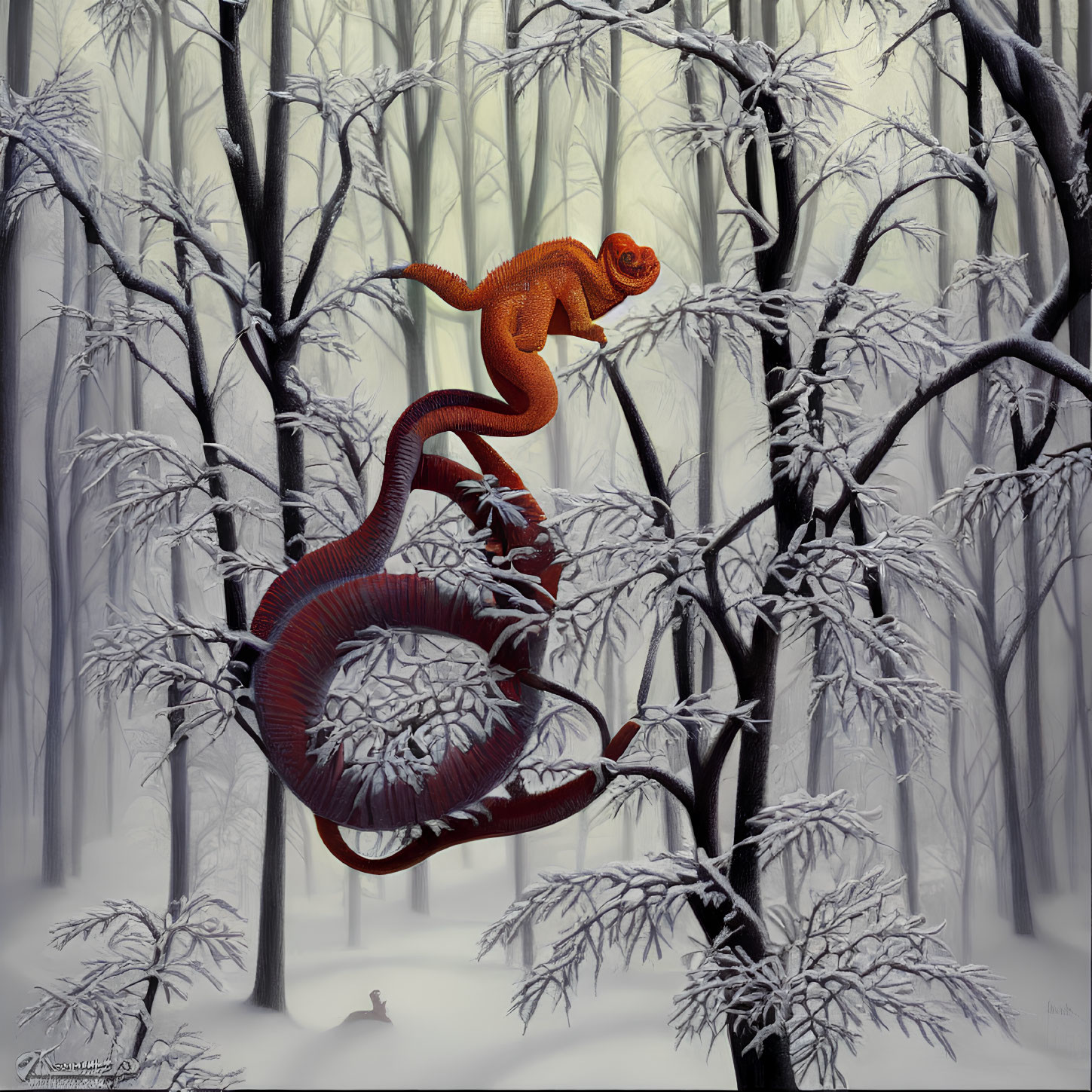 Orange Chameleon on Branch in Snowy Forest with Bare Trees