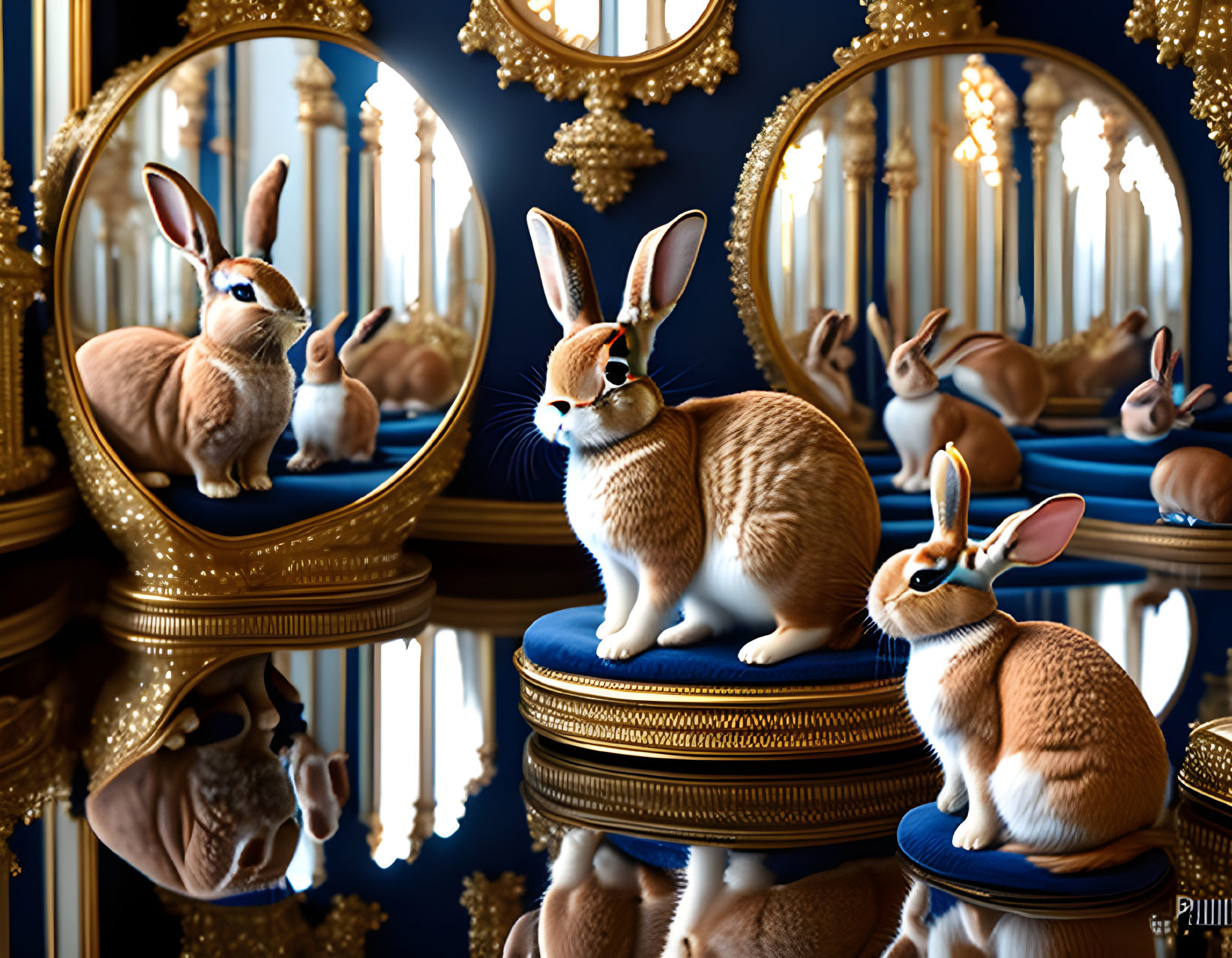 Brown and White Rabbit with Gold Monocle in Luxurious Room