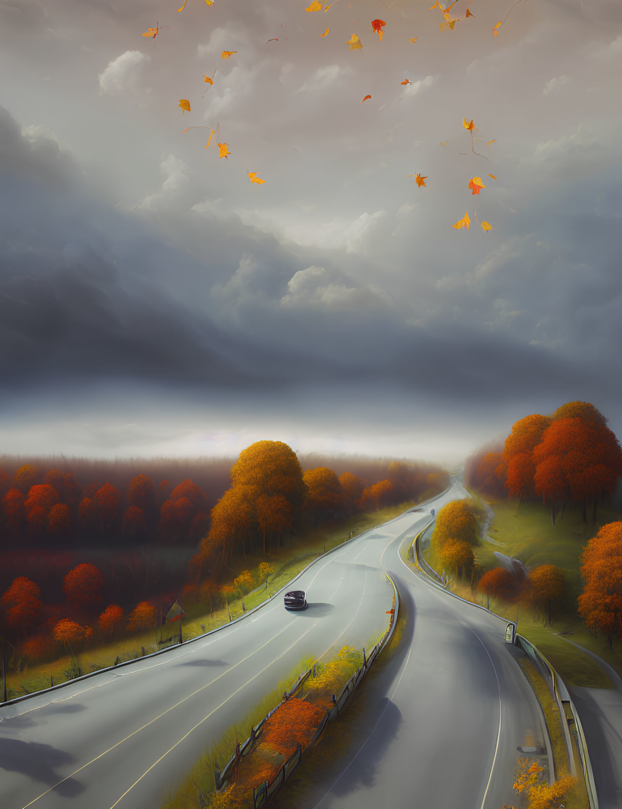 Scenic autumn landscape with car on winding road