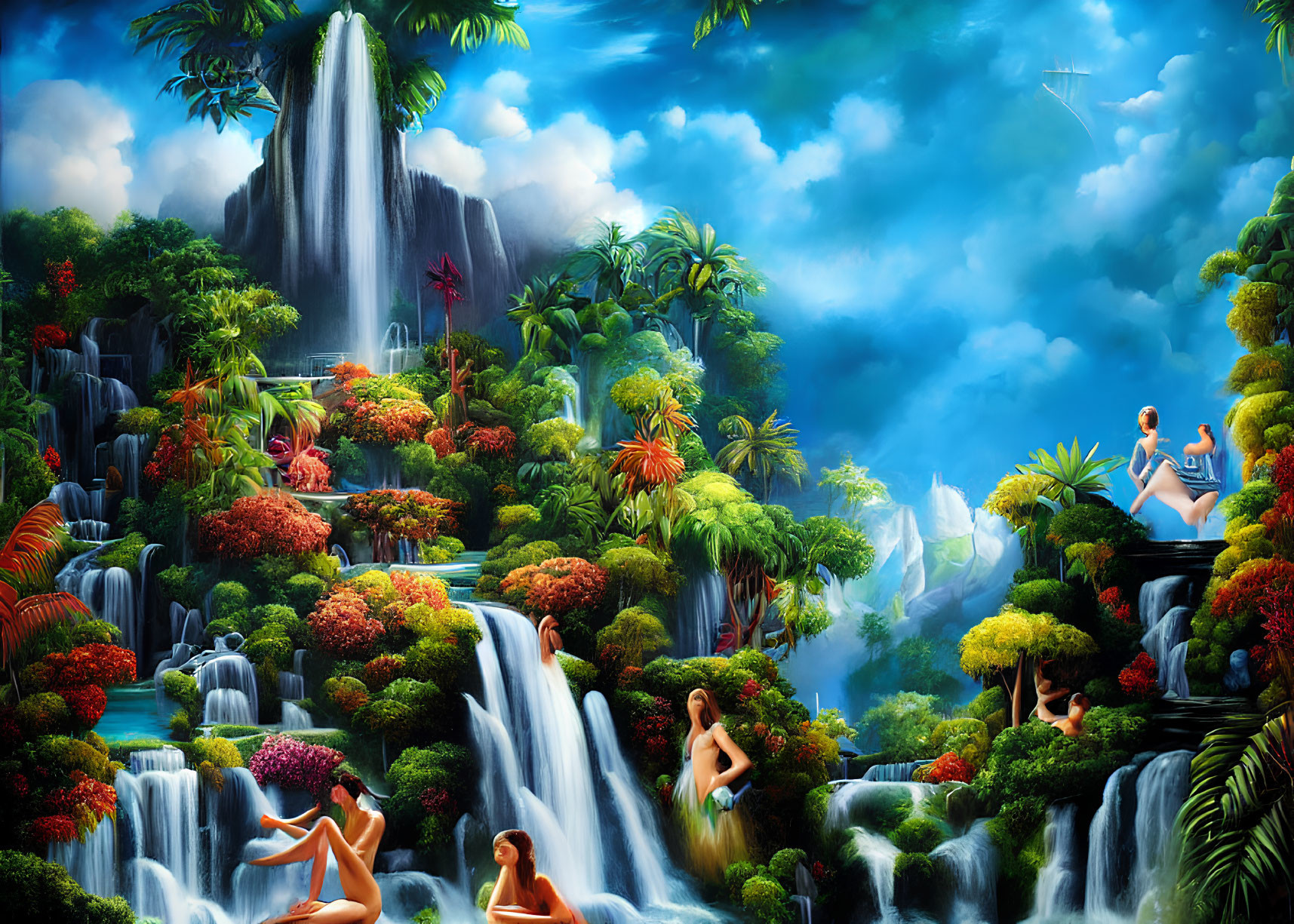 Fantastical landscape with waterfalls, greenery, plants, and ethereal figures.
