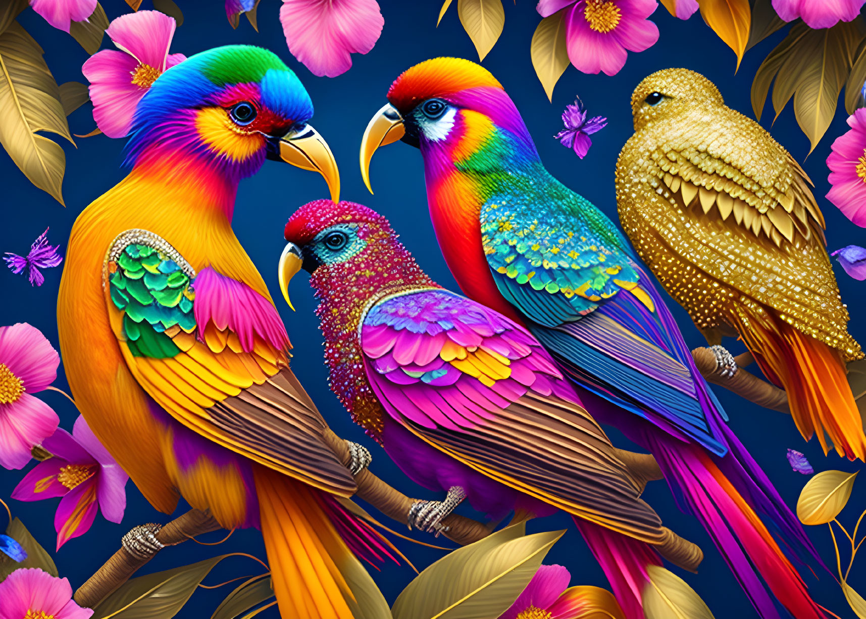 Colorful illustrated parrots with intricate plumage on branches against blue floral backdrop