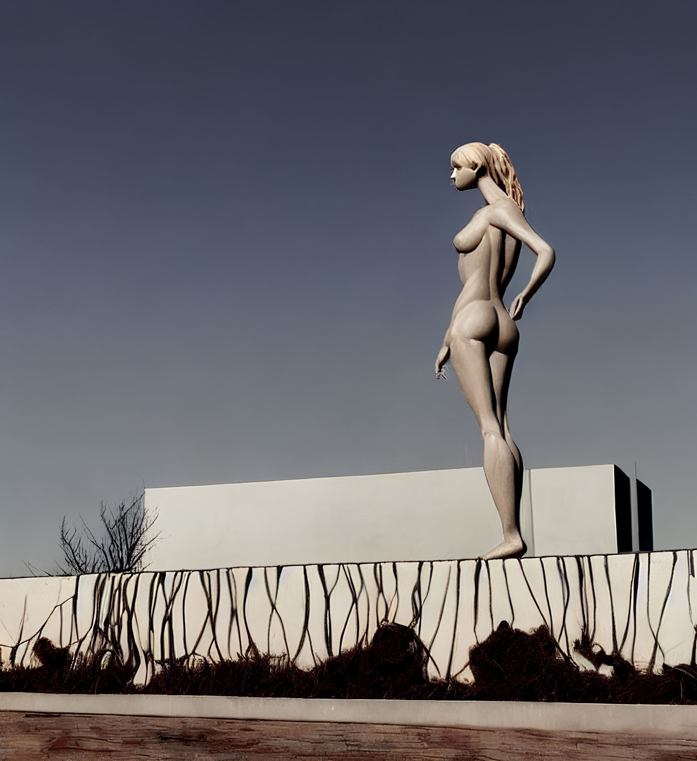 Slender female figure statue standing elegantly on wall with clear sky background
