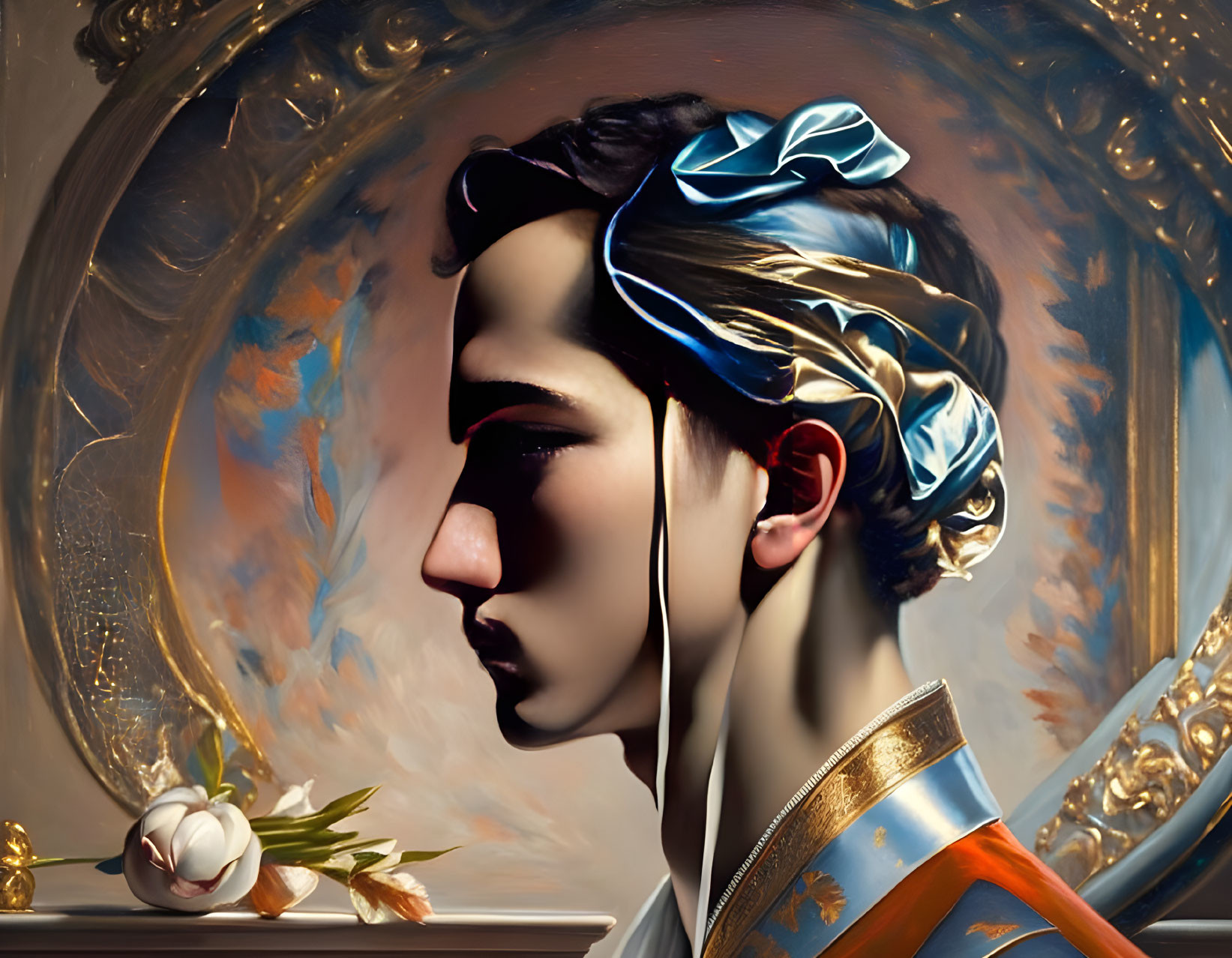 Blue headband person in elegant attire with classic painting backdrop