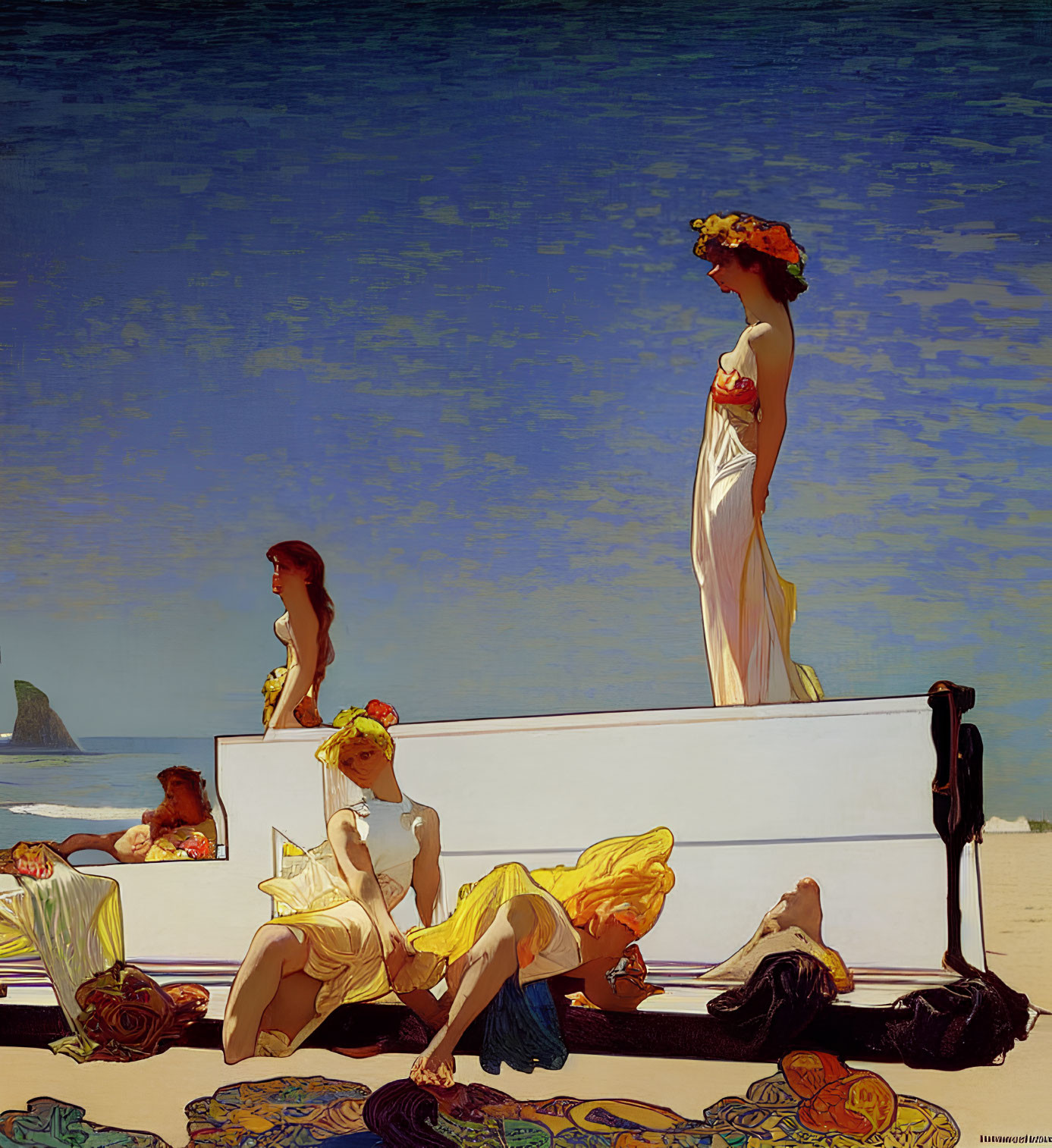 Elegantly dressed women by the sea in serene beauty