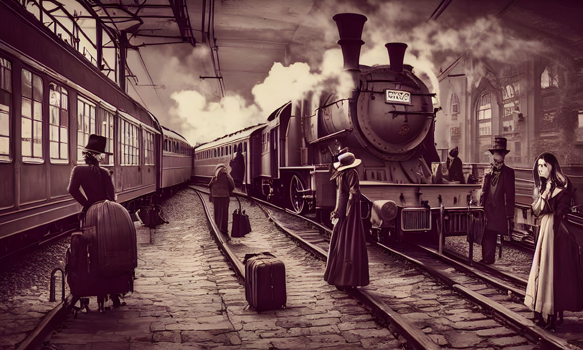Sepia-Toned Image of Vintage Attired Passengers Waiting on Platform