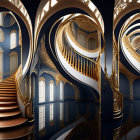 Opulent golden spiral staircase in a blue interior with moonlit backdrop