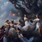 Classical painting of nine muses in flowing robes with mountainous backdrop and birds in flight.